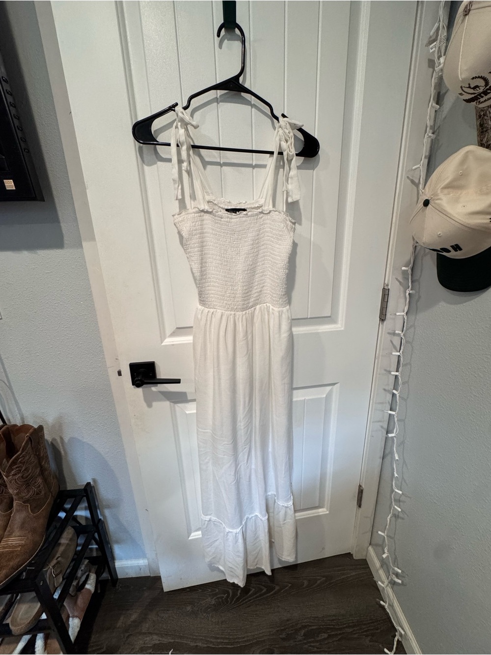 White Tie-Shoulder Smocked Maxi Dress